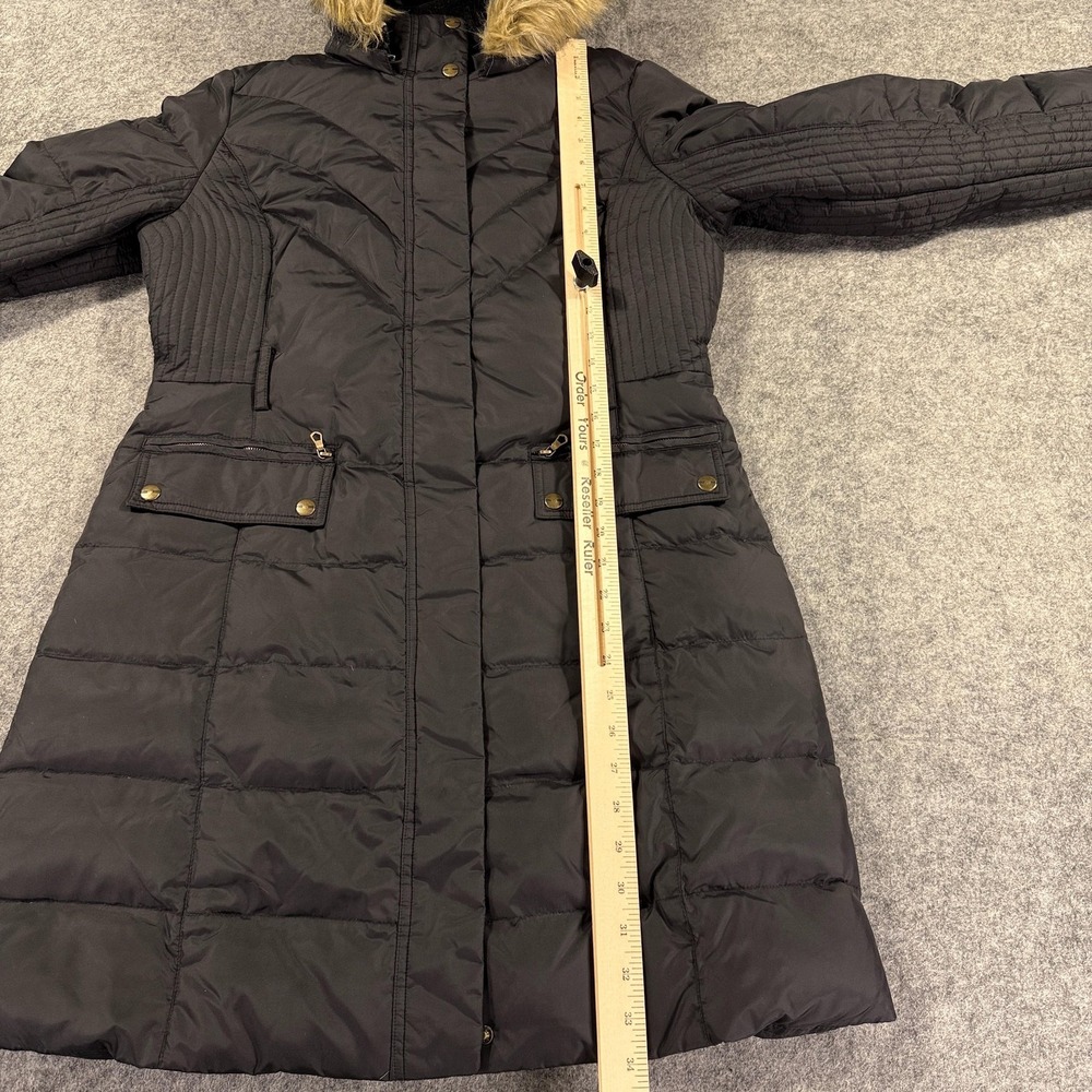Larry Levine Jacket Womens Medium Black Long Puffer Down Coat Hood Faux Fur - Picture 6 of 10